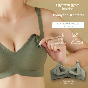 Szültető melltartó terhességhez – fő anyag nylon, bélés spandex (30–50%), formázott kosarak vékony felső résszel és vastagabb alsó résszel, hátul három sor kapocs, fix dupla vállpántok, egyrészes kialakítás