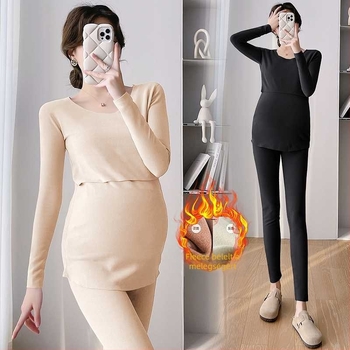 Terhes nők téli melegítő készlet szoptatáshoz — kétoldalas velúr, varrás nélküli anyag, hosszú ujjú, magas gallér