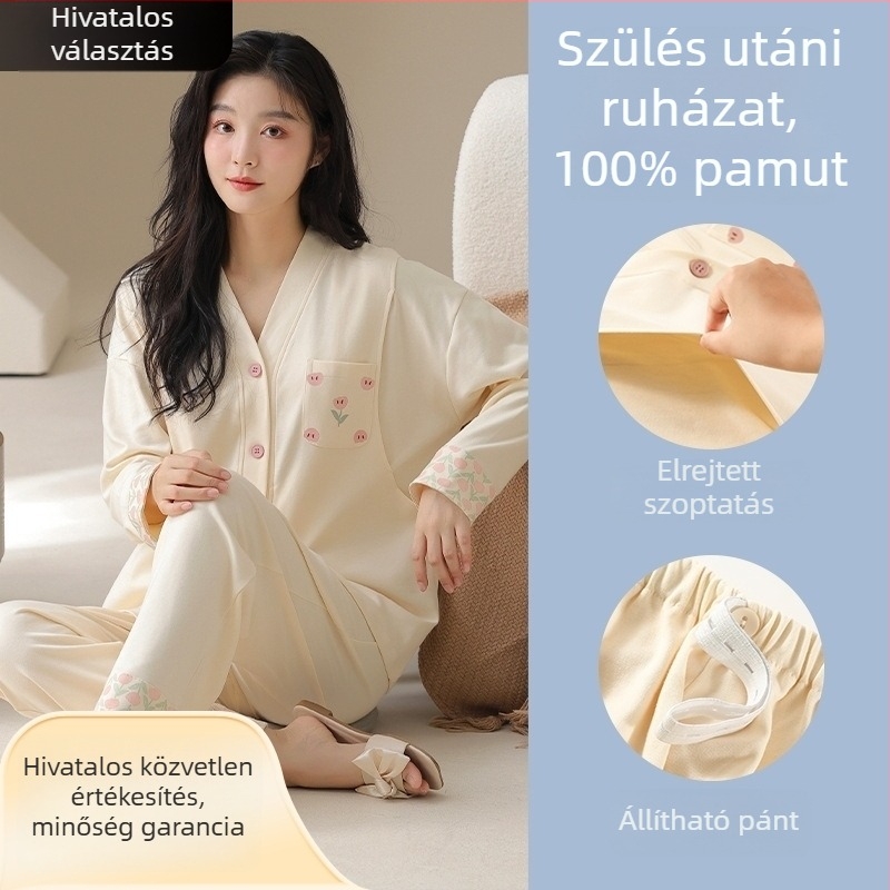 Anyaság és szoptatós pizsama készlet – 100% pamut, kimono-stílus, hosszú ujjú felső és nadrág, közepes súlyú 181–200 g/m2