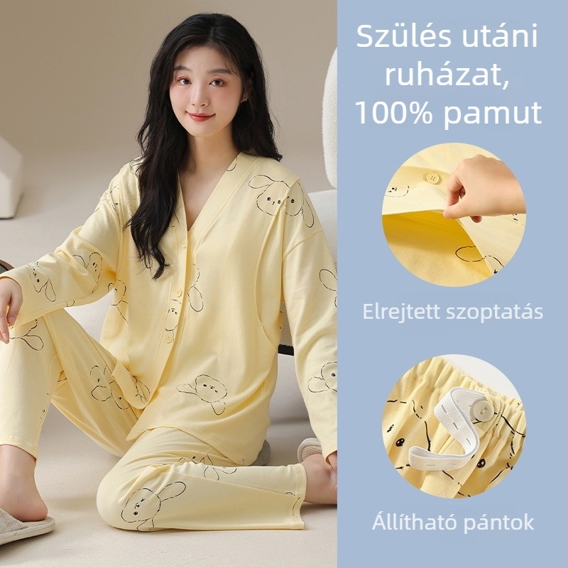 Anyaság és szoptatós pizsama készlet – 100% pamut, kimono-stílus, hosszú ujjú felső és nadrág, közepes súlyú 181–200 g/m2