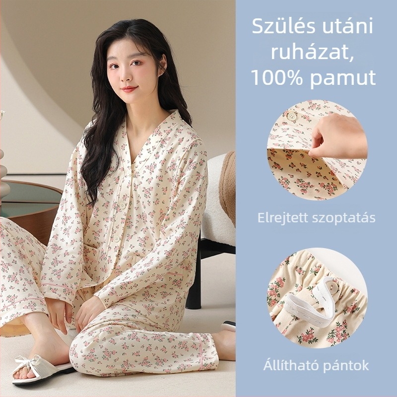Anyaság és szoptatós pizsama készlet – 100% pamut, kimono-stílus, hosszú ujjú felső és nadrág, közepes súlyú 181–200 g/m2