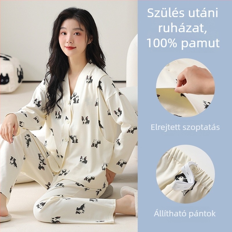Anyaság és szoptatós pizsama készlet – 100% pamut, kimono-stílus, hosszú ujjú felső és nadrág, közepes súlyú 181–200 g/m2
