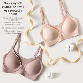 Sima anyasági melltartó szoptatáshoz anti-sagging emelő és Push-Up hatással, elől záródó, minden terhességi szakaszhoz; anyag: nejlon, belső spandex 30–50%; vékony formázott kosarak; acélmerevítés nélkül; rögzített dupla vállpántok