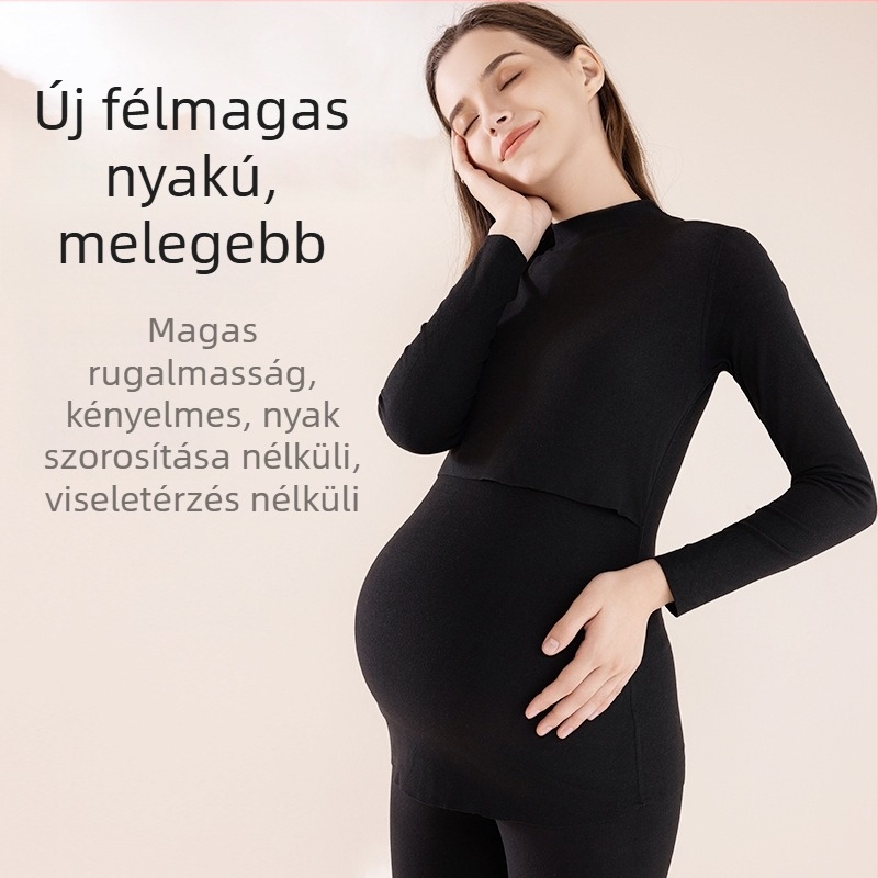 Anyás terhes termál pizsama szett szoptatási nyílással — Brushed poliészter-elasztán, hosszú ujjú felső és nadrág