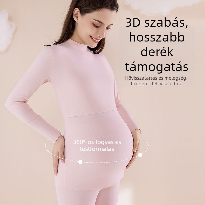 Anyás terhes termál pizsama szett szoptatási nyílással — Brushed poliészter-elasztán, hosszú ujjú felső és nadrág