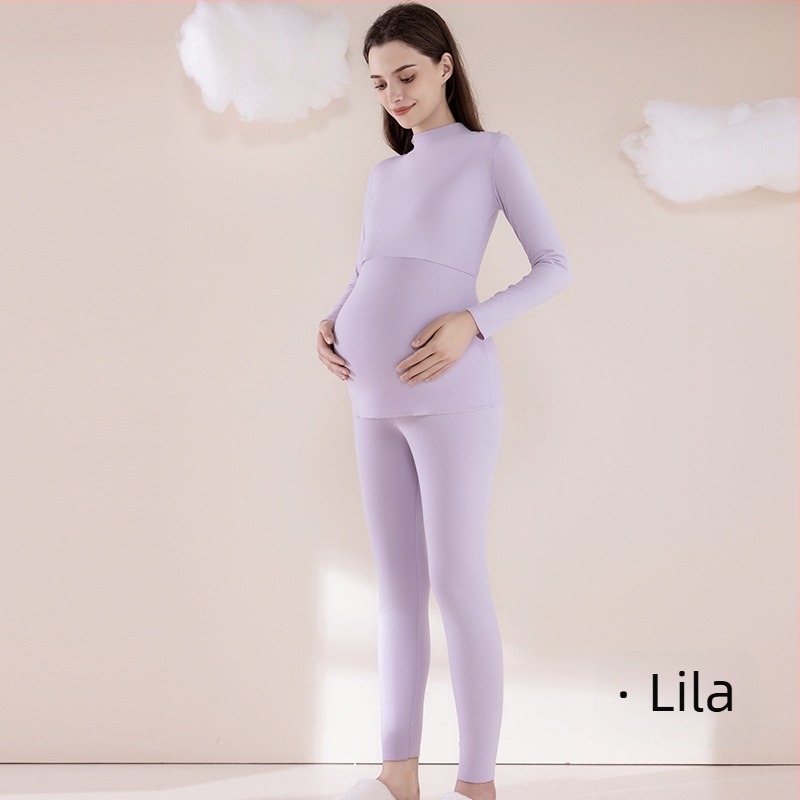 Anyás terhes termál pizsama szett szoptatási nyílással — Brushed poliészter-elasztán, hosszú ujjú felső és nadrág