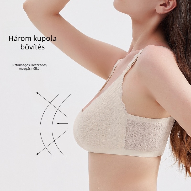 Szoptatós melltartó csipkével, nylon anyagból, vékony formázott kosarak, rögzített kettős vállpántok, szoptatási támogatás.
