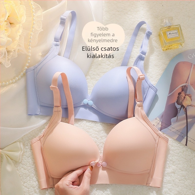 Szoptatós melltartó merevítő nélkül, előről záródó, vékony fazon; fő anyag: nylon 70–80%, bélés spandex <30%, fix dupla vállpántok, minden szakaszban használható