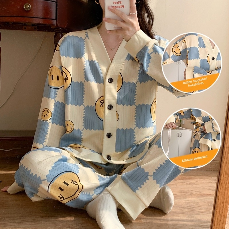 Szoptatós anyuka pizsama — hosszú ujjú kardigán stílus, Milk Silk anyag, poliészter 95–100%, 2022 őszén megjelenés