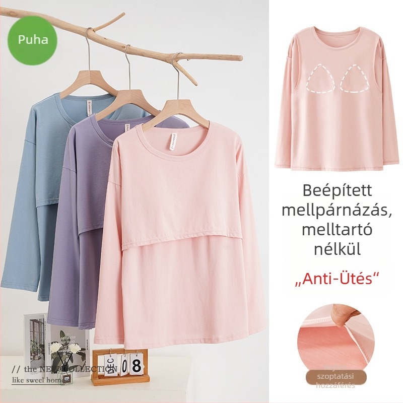 Szoptatós anyák pizsama felsője, postpartum, 95-100% pamut, mellbetétekkel, rugalmas anyag, hosszú ujjú, pulóver-stílus, minden szezonra