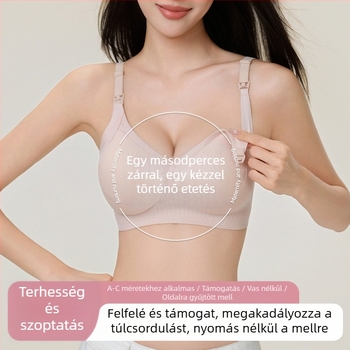 Szoptatós melltartó vékony csepp alakú kosarakkal, előlről záródó, a mellek lecsúszásának megakadályozását támogató, terhesség és szoptatás idejére