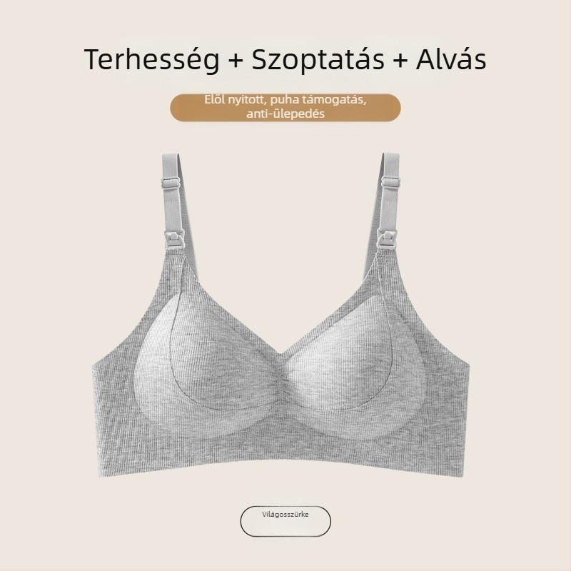 Szoptatós melltartó vékony csepp alakú kosarakkal, előlről záródó, a mellek lecsúszásának megakadályozását támogató, terhesség és szoptatás idejére