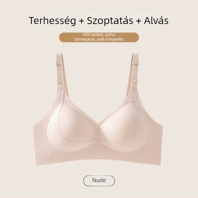 Szoptatós melltartó vékony csepp alakú kosarakkal, előlről záródó, a mellek lecsúszásának megakadályozását támogató, terhesség és szoptatás idejére