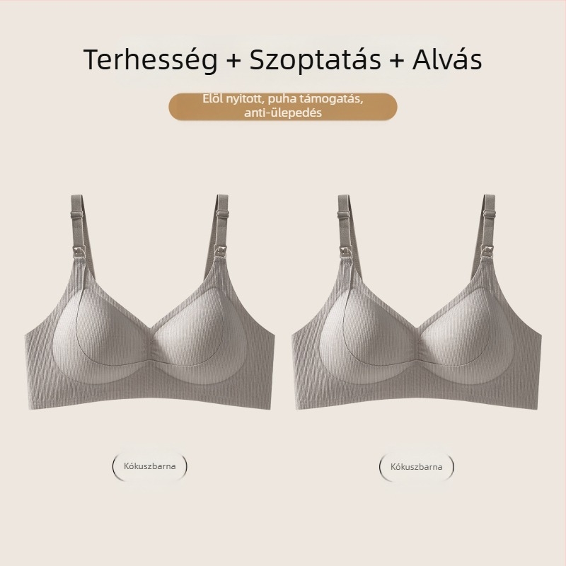 Szoptatós melltartó vékony csepp alakú kosarakkal, előlről záródó, a mellek lecsúszásának megakadályozását támogató, terhesség és szoptatás idejére