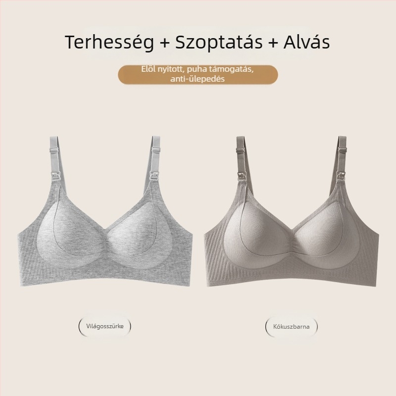 Szoptatós melltartó vékony csepp alakú kosarakkal, előlről záródó, a mellek lecsúszásának megakadályozását támogató, terhesség és szoptatás idejére
