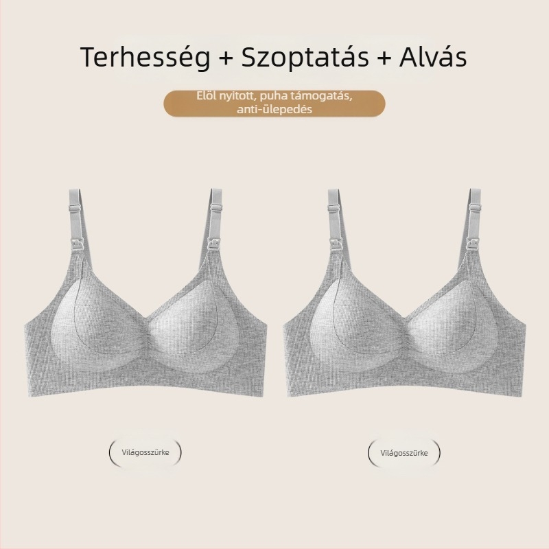 Szoptatós melltartó vékony csepp alakú kosarakkal, előlről záródó, a mellek lecsúszásának megakadályozását támogató, terhesség és szoptatás idejére