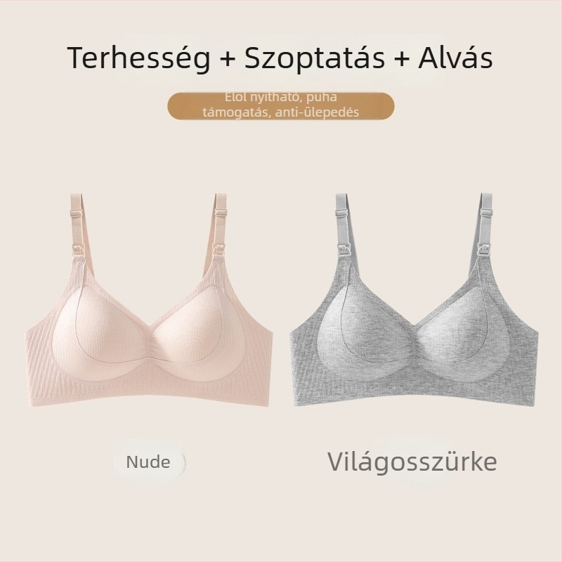 Szoptatós melltartó vékony csepp alakú kosarakkal, előlről záródó, a mellek lecsúszásának megakadályozását támogató, terhesség és szoptatás idejére