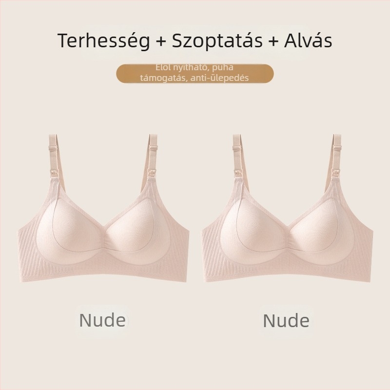 Szoptatós melltartó vékony csepp alakú kosarakkal, előlről záródó, a mellek lecsúszásának megakadályozását támogató, terhesség és szoptatás idejére