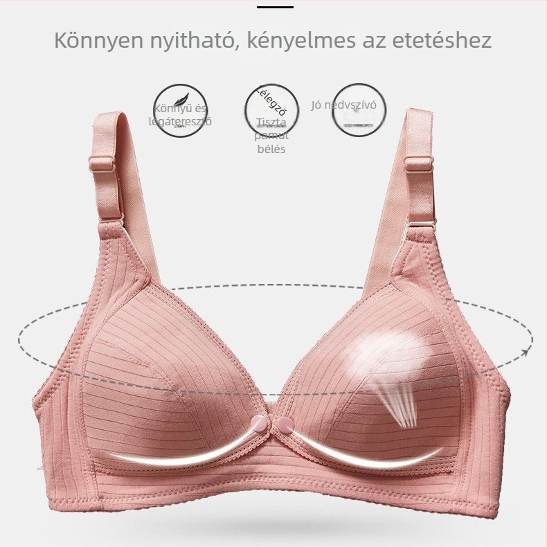 Szoptatós melltartó tiszta pamutból, vékony formázott kosarakkal, rögzített dupla vállpántokkal, hátul három sor kapoccsal, minden szakaszhoz