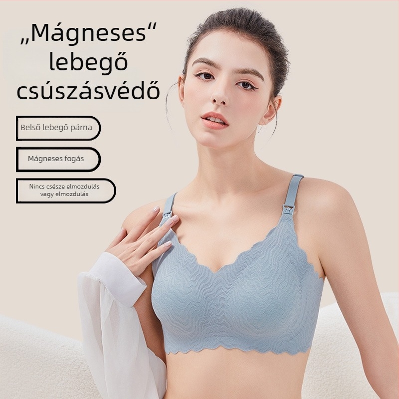 Szoptatós melltartó terhesek és szülés utáni időszakra, csipkés kivitelben; vékony formázott kosarak; rögzített kettős vállpántok; nylon anyag; hátul négy kapocs