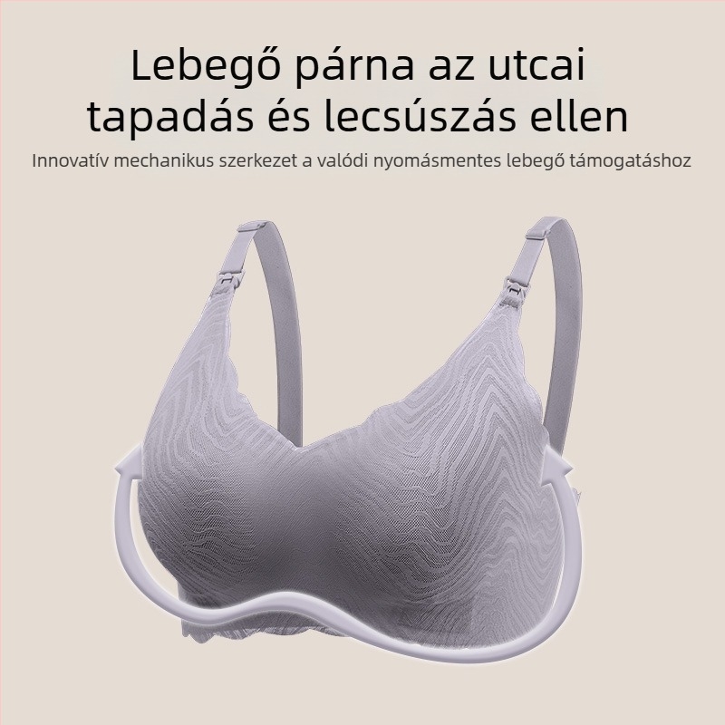 Szoptatós melltartó terhesek és szülés utáni időszakra, csipkés kivitelben; vékony formázott kosarak; rögzített kettős vállpántok; nylon anyag; hátul négy kapocs