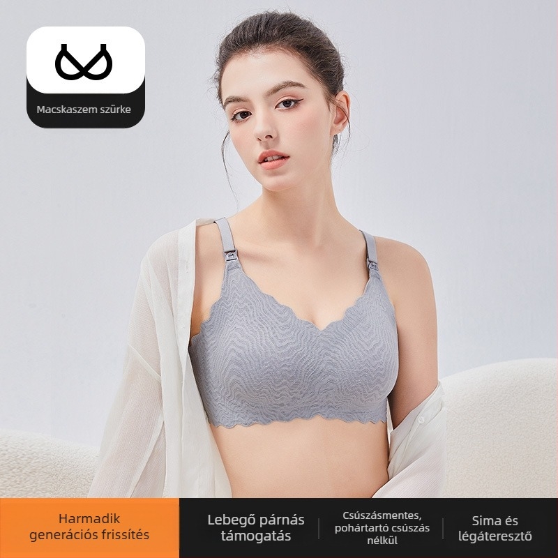 Szoptatós melltartó terhesek és szülés utáni időszakra, csipkés kivitelben; vékony formázott kosarak; rögzített kettős vállpántok; nylon anyag; hátul négy kapocs