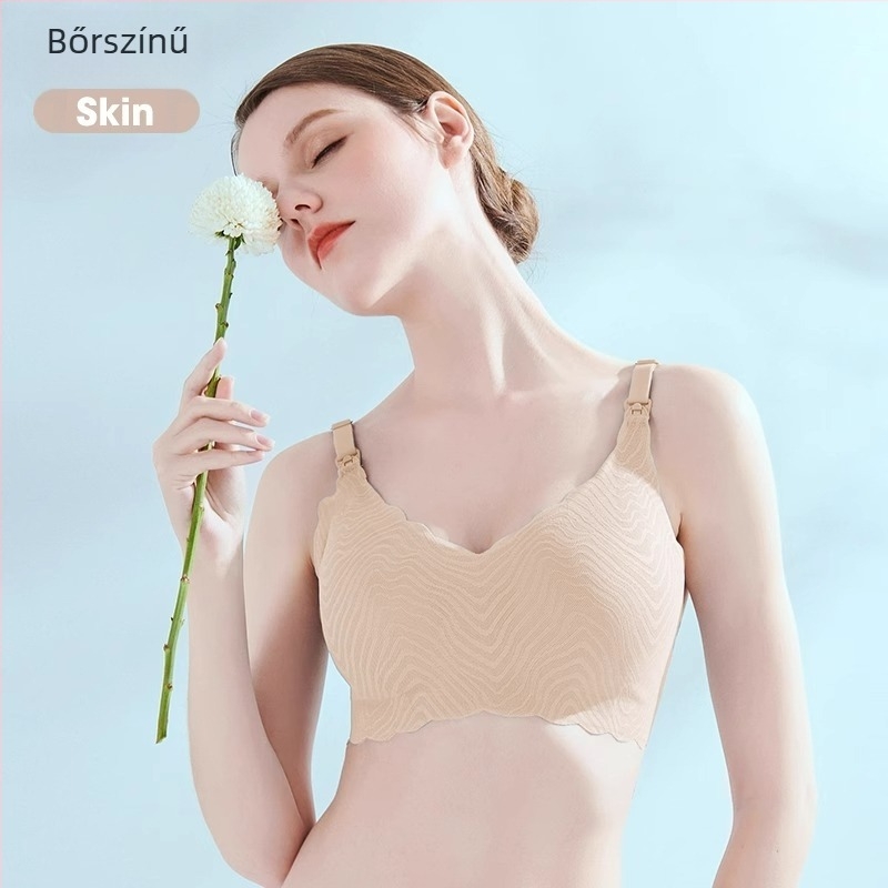 Szoptatós melltartó terhesek és szülés utáni időszakra, csipkés kivitelben; vékony formázott kosarak; rögzített kettős vállpántok; nylon anyag; hátul négy kapocs