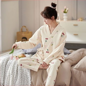 Téli szoptatós kimono-pizsama pamutból, hosszú ujjú, meleg otthoni viselet