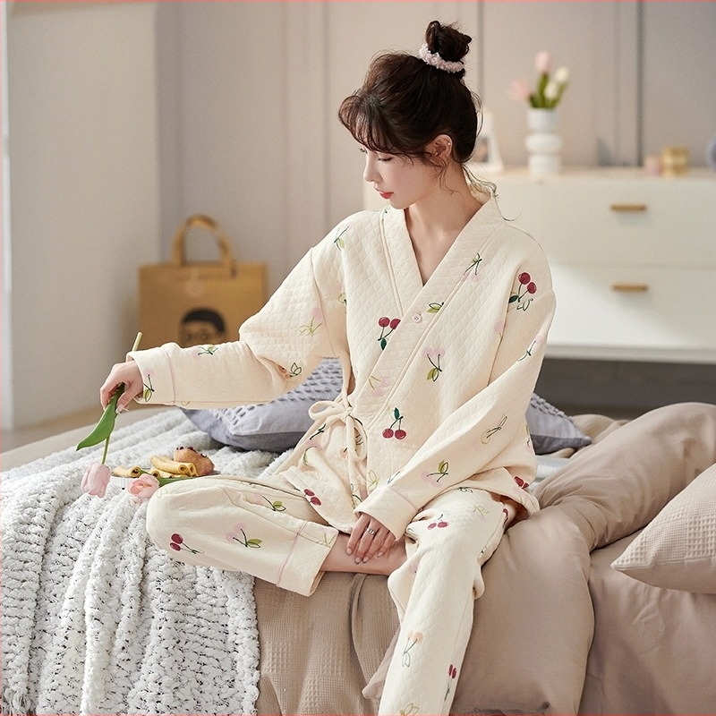 Téli szoptatós kimono-pizsama pamutból, hosszú ujjú, meleg otthoni viselet