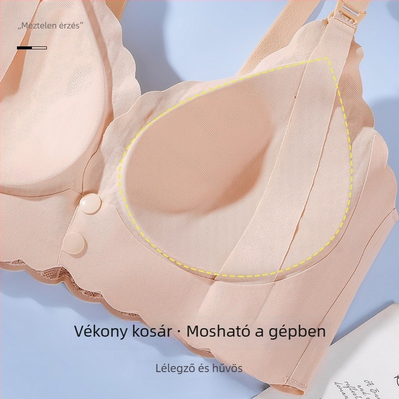 Szoptatós melltartó terhességhez és a szülés utáni időszakra, vezeték nélküli, hátsó dupla kapoccsal záródó, vékony formázott kosarak, nylon bélés