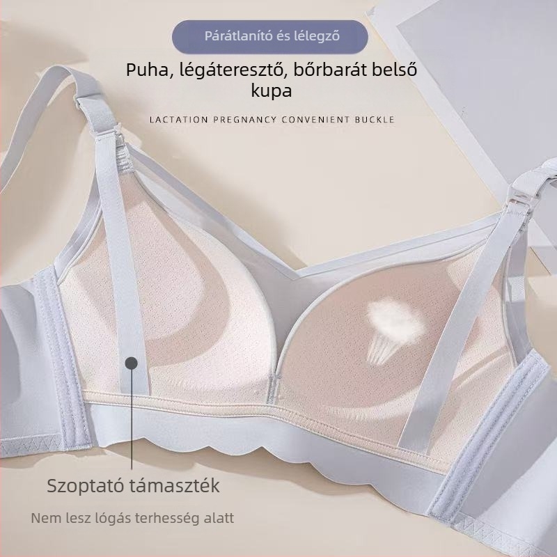 Szoptatós-mama melltartó vékony formázott kosarakkal, pamut anyag, egy darabból álló dizájn, rögzített dupla pántok, hátoldali négy sor kapocs