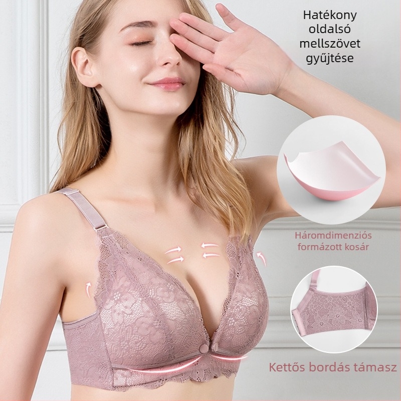 Szoptatós melltartó terhes nőknek és a szülés utáni időszakra, csipkés dizájn, vékony előformázott kosarak, hátul négy sor kapoccsal, nylon anyag pamut bélésével