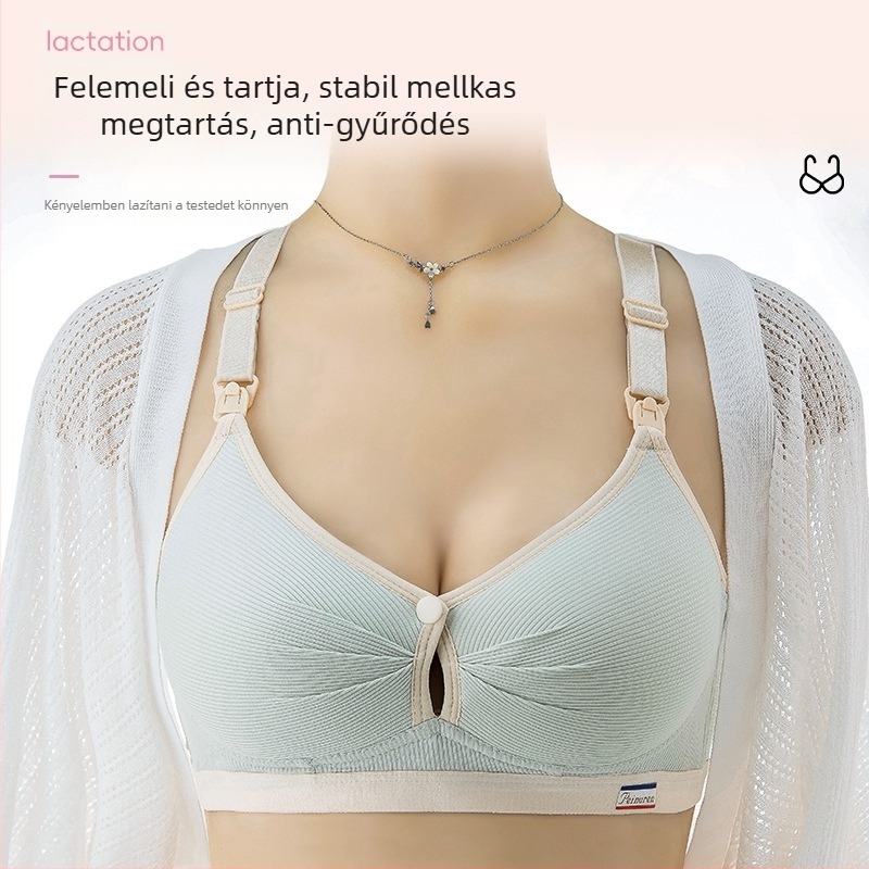 Szoptatós melltartó terhesség alatt, huzalmentes, vékonyan formált kosár, csíkos dizájn, hátul négy sor kapocs