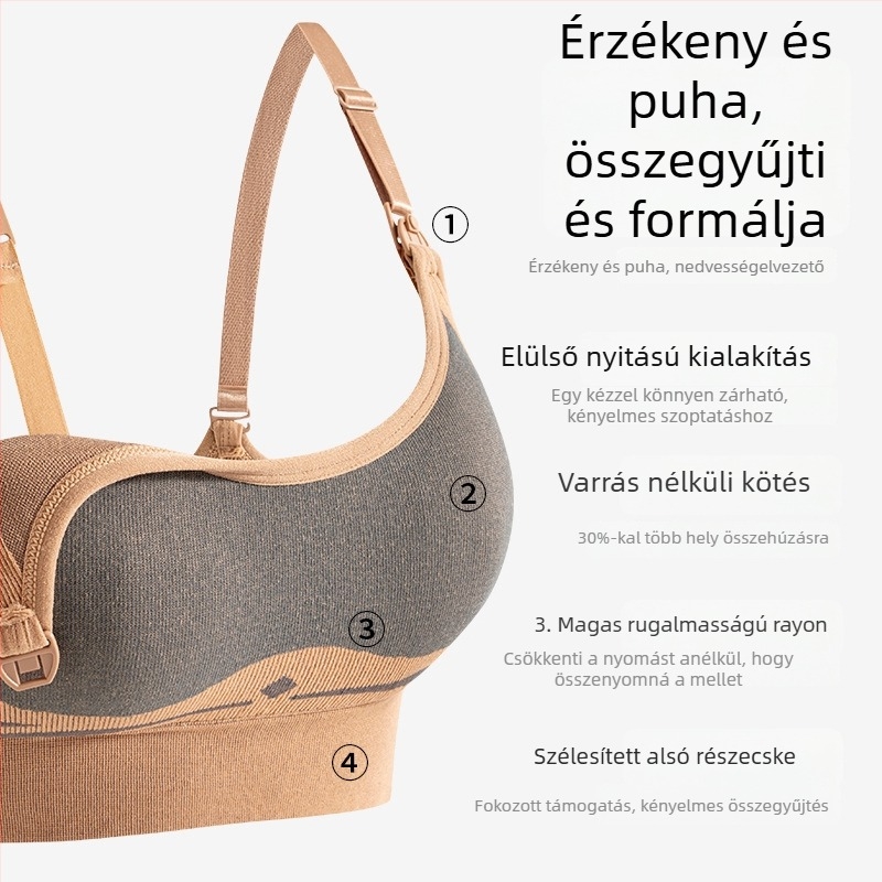 Anyatejes melltartó kismamáknak – drót nélküli, varrás nélküli, középső formázású kosarak, fő anyag nylon, bélés spandex, hátul négy sor horog-zár