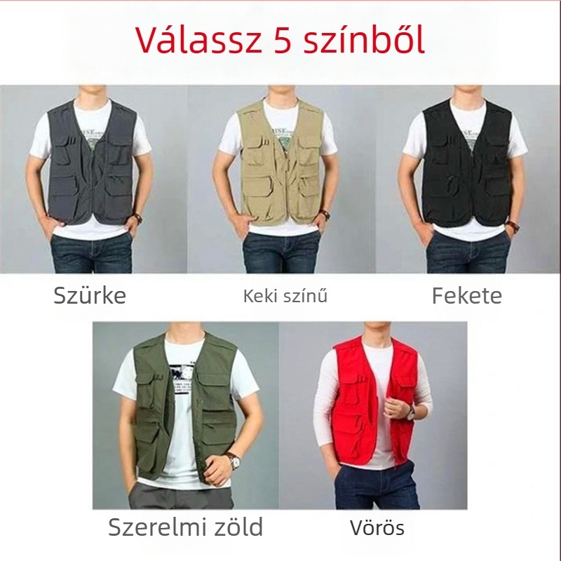 Férfi kültéri gyorsan száradó mellény, több zsebbel, V-nyakú, cipzáras, kapucni nélkül