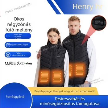 26-zónás elektromos fűtéses mellény, négyvezérléses hőmérsékletszabályozás, nejlon külső anyag, poliészter töltet