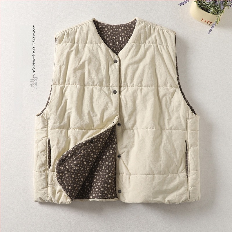 Női bélelt mellény kardigán, laza szabás, gombos zárás, U-gallér, pamut töltet, fő anyag poliészter (50-70%), téli 2025