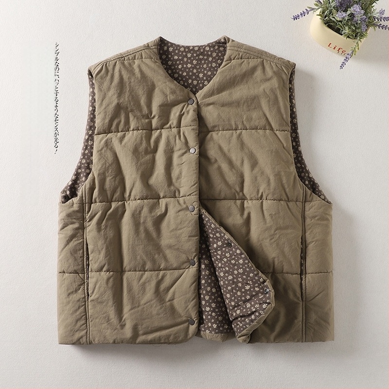 Női bélelt mellény kardigán, laza szabás, gombos zárás, U-gallér, pamut töltet, fő anyag poliészter (50-70%), téli 2025