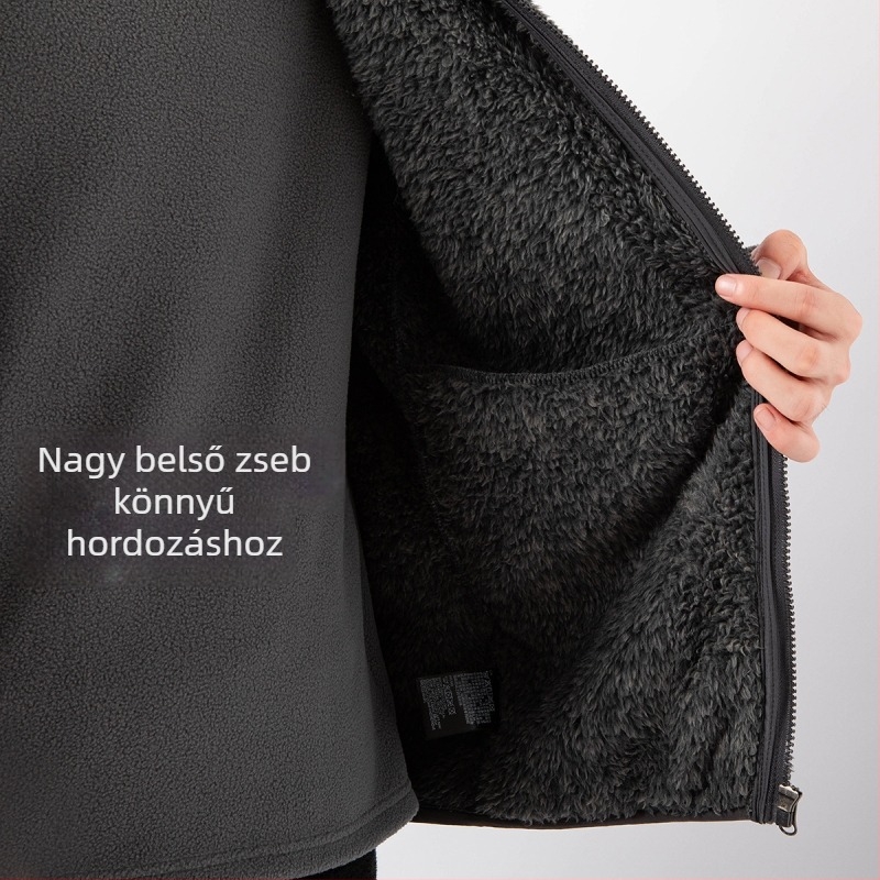 Férfi polár fleece mellény cipzárral, álló gallérral, egyenes szabású, minimalist Kardigán-stílus téli viselet