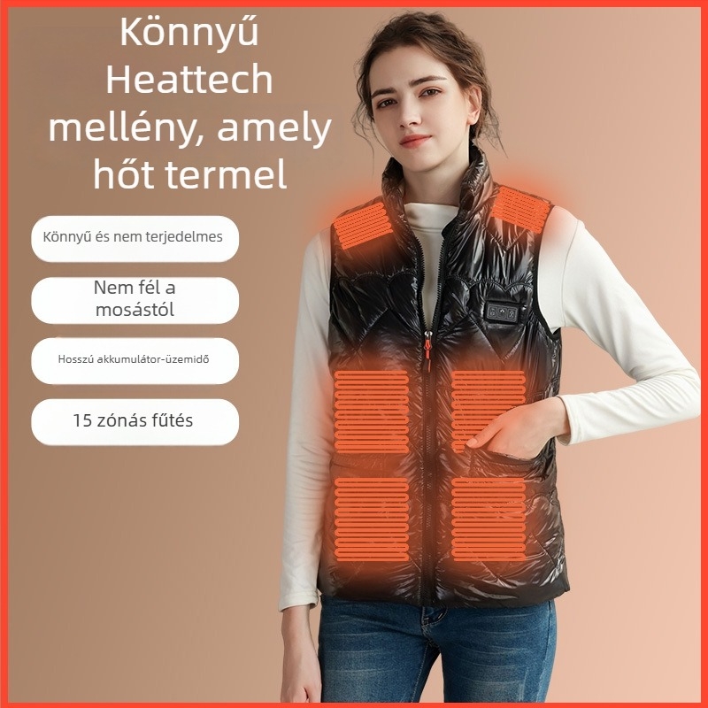 USB-tápellátású fűtőmellény, pamut töltettel, nagy méret, álló gallér, cipzárral, téli viselet.