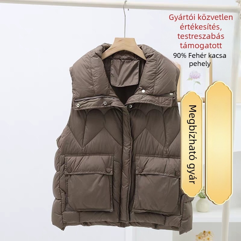 Női pehely mellény, nagy zsebek, laza szabás, álló gallér, 86–90% pehelytöltet