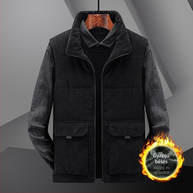 Férfi kordurás mellény fleece-béléssel, álló gallér, cipzár, téli, mindennapos/munkára szánt mellény, több zseb