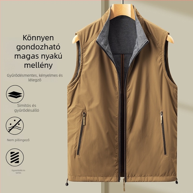 Férfi mellény tavasz-őszre, lélegző poliészter anyag, álló gallér, cipzár, lazább szabás, oldalsó zsebek