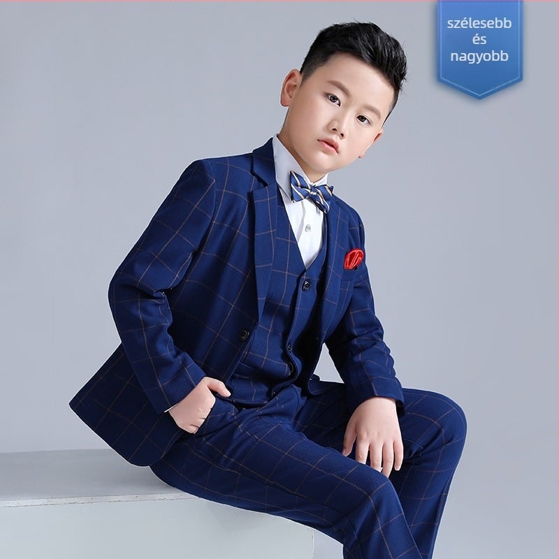 Gyerekeknek szóló kockás háromrészes öltöny, V-nyakú, egyrészes záródás, koreai stílusú formális ruházat fiúknak, poliészter