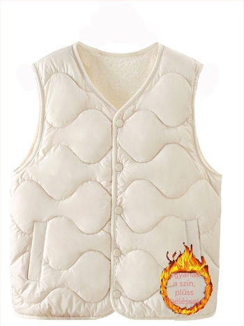 V-nyakú mellény, rövid fazon (40–50 cm hosszú), poliészter anyagú töltet poliészter-pamut, laza kardigán stílus