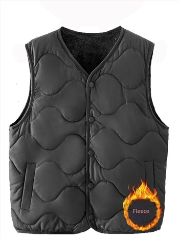 V-nyakú mellény, rövid fazon (40–50 cm hosszú), poliészter anyagú töltet poliészter-pamut, laza kardigán stílus