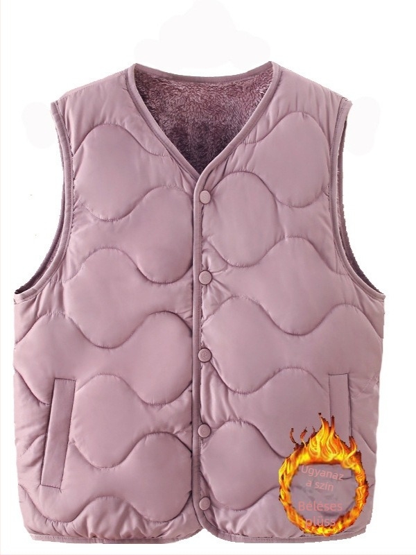 V-nyakú mellény, rövid fazon (40–50 cm hosszú), poliészter anyagú töltet poliészter-pamut, laza kardigán stílus