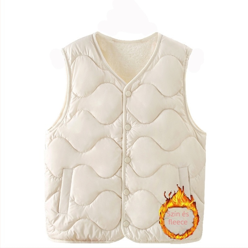 V-nyakú mellény, rövid fazon (40–50 cm hosszú), poliészter anyagú töltet poliészter-pamut, laza kardigán stílus