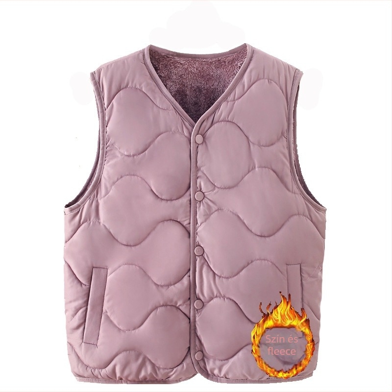 V-nyakú mellény, rövid fazon (40–50 cm hosszú), poliészter anyagú töltet poliészter-pamut, laza kardigán stílus