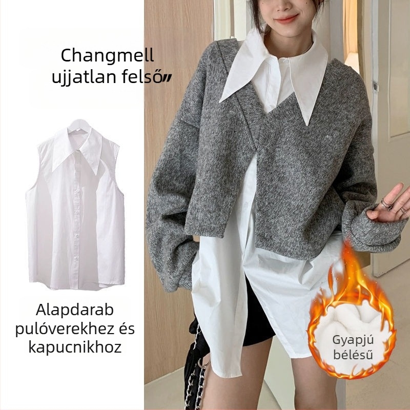 Női ing Francia stílusú hegyes gallérral, vastag belső fleece-béléssel, ősz-télre, plusz méret, laza szabású, középhosszú, fehér